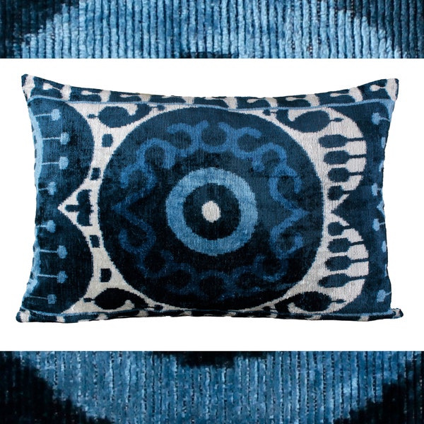 Navy velvet ikat pillow,Blue and white pillow,Navy ikat pillow,Navy throw pillow,Velvet pillow cover,Lumbar pillow 12x20