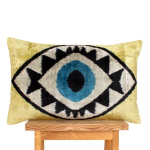 Handwoven Ikat Velvet Pillow: Navy Cream Evil Eye Cushion Cover