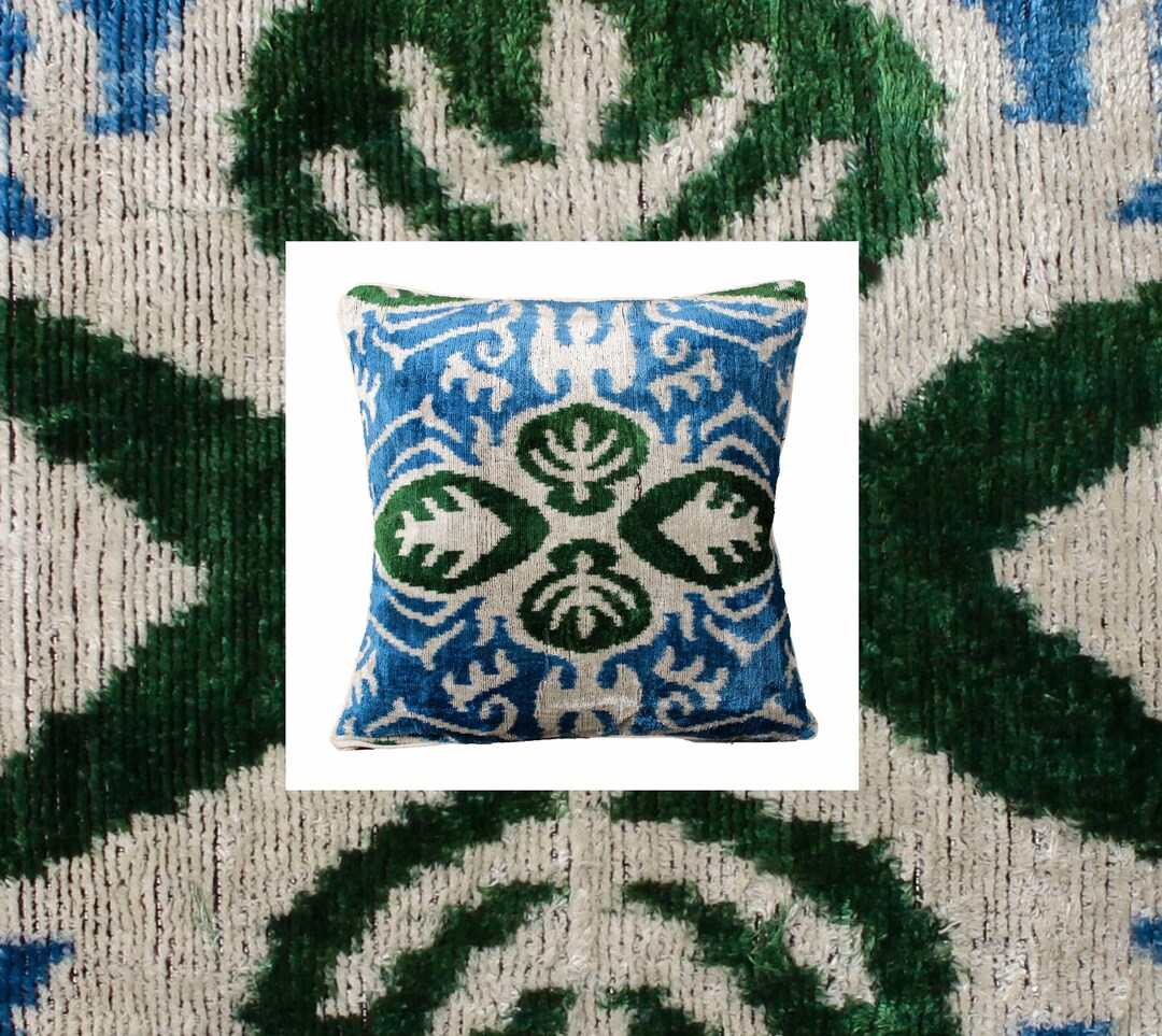 Blue and Green Ikat Pillow,blue Floral Pillow,velvet Throw Pillow