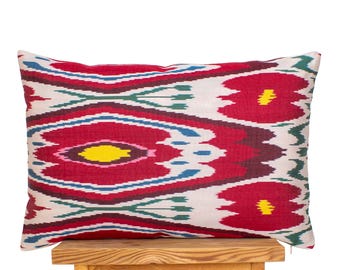 Red White Silk Ikat Pillow Cover | Tribal Diamond Cushion