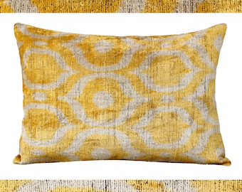 Yellow ikat velvet pillow cover, yellow pillow covers 20x20,ikat velvet lumbar pillow,Pillow for couch,Throw pillow for couch