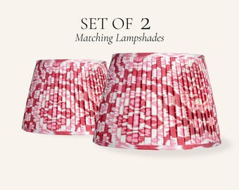 Set of 2 Blush Pink Ikat Pleated Silk Lamp Shades, Handmade Matching Table Lampshades