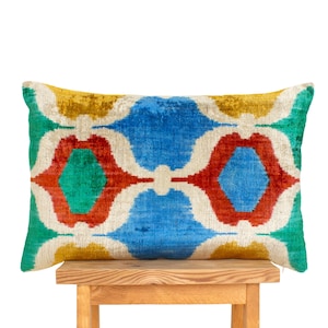 Handwoven Velvet Ikat Pillow: Blue Green Geometric Throw Pillow