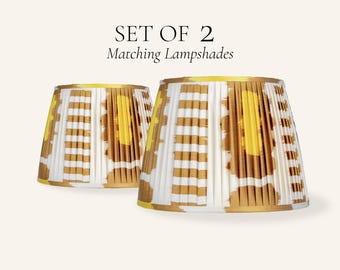 Set of 2 Mustard Yellow Ikat Silk Pleated Lamp Shades, Handmade Matching Lampshades