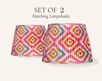 Set of 2 Pleated Silk Ikat Lamp Shades, Coral Pink Orange Boho Home Decor