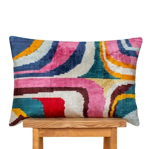 Handwoven Ikat Velvet Pillow Cover: Multicolor Boho Cushion