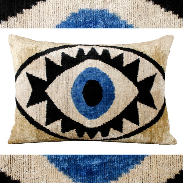 Ikat velvet pillow evil eye,Navy and cream ikat pillow,Sofa Throw pillow 22x22,Silk velvet ikat pillow,16x16 pattern cushion cover