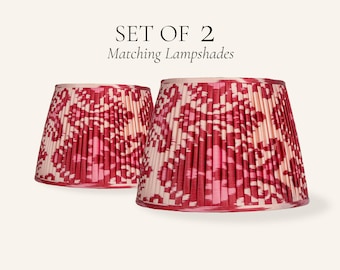 Set of 2 Red Pink Ikat Pleated Silk Lamp Shades, Handmade Matching Lampshades
