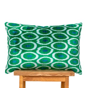 Green Ikat Velvet Cushion: Handwoven Organic Cotton Pillow