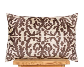 Taupe Brown Ikat Pillow Cover | Neutral Damask Velvet Cushion
