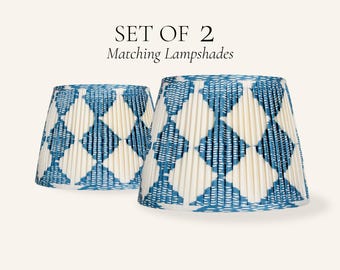 Set of 2 Blue Cream Ikat Pleated Silk Lamp Shades, Handmade Matching Table Lampshades