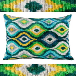 Handwoven Velvet Ikat Pillow: Green, Blue & Yellow Lumbar
