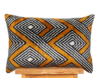 Handwoven Velvet Ikat Lumbar Pillow: Brown & Black Striped Throw