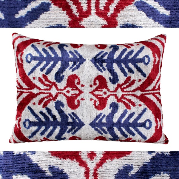 Navy ikat pillow,ikat throw pillow,Navy Blue and red pillow,24x24 Pillow cover,Blue velvet pillow,Lumbar ikat pillow,Custom throw pillow