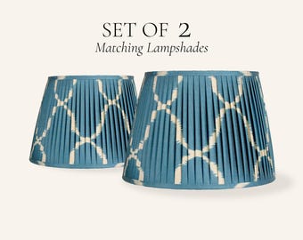 Set of 2 Dusty Blue Ikat Pleated Silk Lamp Shades, Handmade Matching Table Lampshades