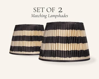Set of 2 Black Cream Striped Pleated Silk Lamp Shades, Handmade Ikat Lampshades