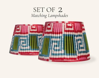 Set of 2 Pleated Silk Ikat Lamp Shades, Pink Blue Green Table Lampshade