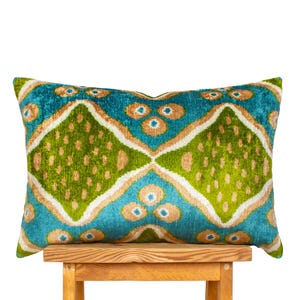 Ikat Velvet Pillow Green Blue | Turquoise Green Pillow | Pillow Covers 24x16 | Cushion Cover Custom | Ikat Pillow Cover