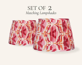 Set of 2 Pink Ikat Silk Pleated Lamp Shades, Handmade Matching Lampshades