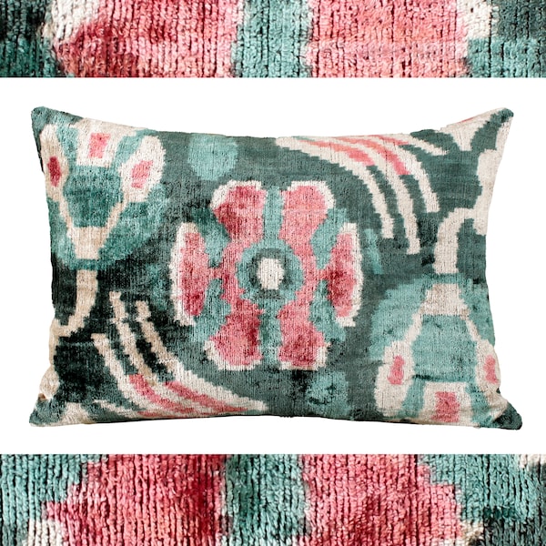 Green and pink Floral pillow,Velvet pillow ikat floral,Cushion cover velvet,Customized pillow velvet,floral cushion cover 24x24