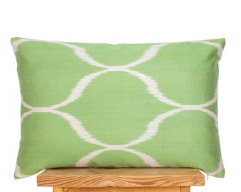 Sage Green Silk Ikat Pillow Cover | White Trellis Cushion