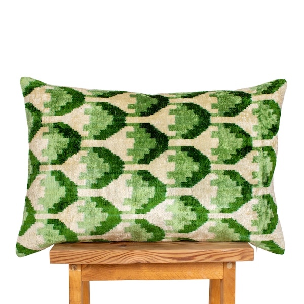 Handwoven Silk Velvet Ikat Pillow Cover: Geometric Green Throw Pillow