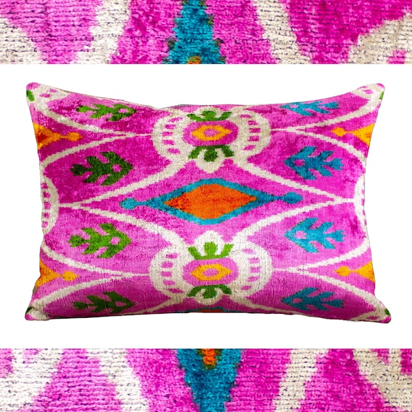 Hot pink and black graphic 100% silk velvet throw pillow