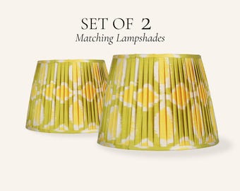 Set of 2 Yellow Ikat Pleated Silk Lamp Shades, Handmade Matching Table Lampshades