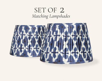 Set of 2 Navy Blue Ikat Pleated Silk Lamp Shades, Handmade Matching Lampshades