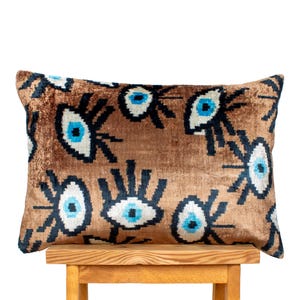 Evil Eye Ikat Pillow Cover: Handwoven Silk Velvet, Brown Cushion