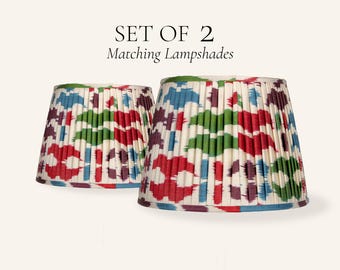 Set of 2 Pleated Silk Ikat Lamp Shades, Blue Green Red Pattern