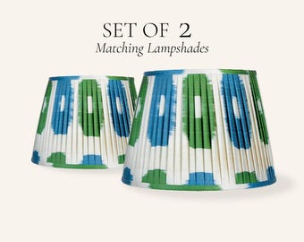 Set of 2 Blue Green Ikat Silk Pleated Lamp Shades, Handmade Matching Lampshades