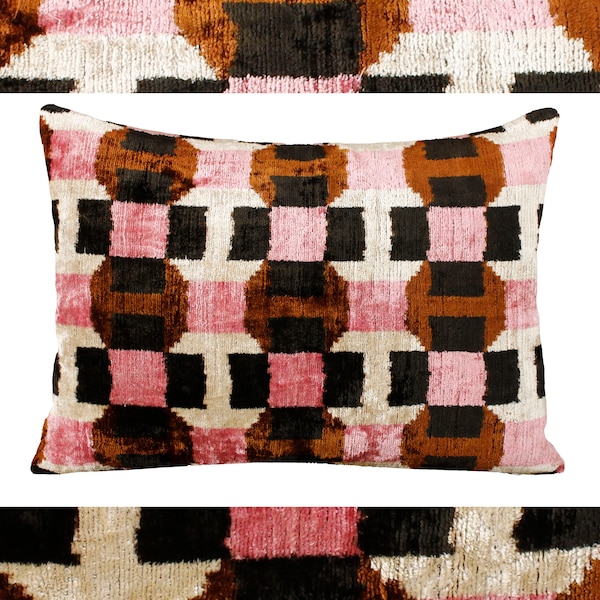 Pink pattern velvet pillow, Ikat pink black velvet,Throw pillow pink black,Pink ikat fabrics pillow, Pink pattern cushion cover 18x18