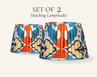 Set of 2 Turquoise Orange Ikat Pleated Silk Lamp Shades, Handmade Matching Lampshades
