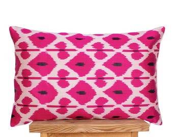 Fuchsia Pink Silk Ikat Pillow Cover | Cream Diamond Cushion