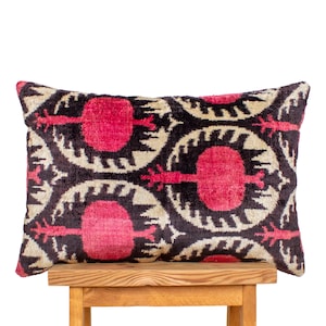 Handwoven Silk Velvet Ikat Pillow Cover: Ruby Pink Pomegranate Design