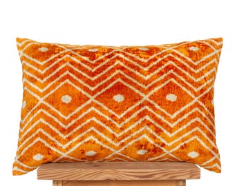 Orange Ikat Pillow Cover | Burnt Orange Velvet Decorative Cushion