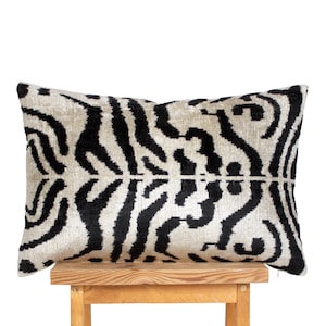 Handwoven Black Velvet Ikat Pillow Cover: Geometric Lumbar Cushion