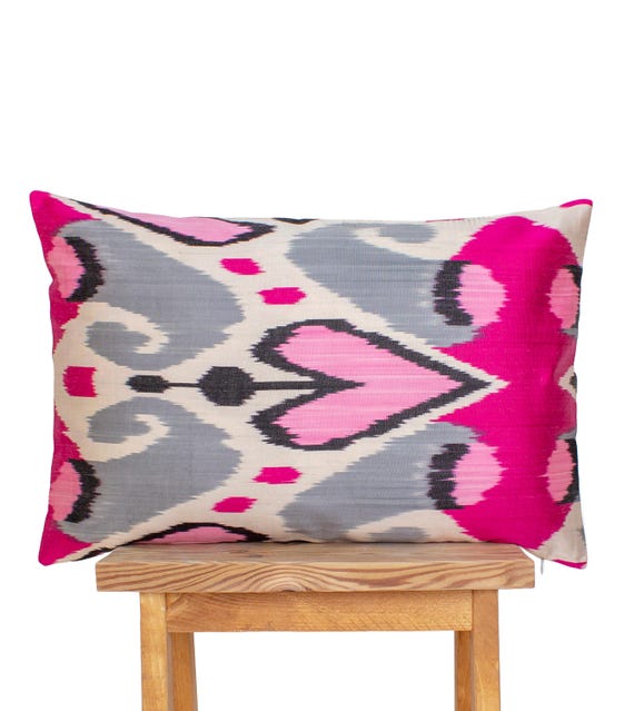 Handwoven Silk Velvet Ikat Pillow Cover: Pink Gray Boho Cushion