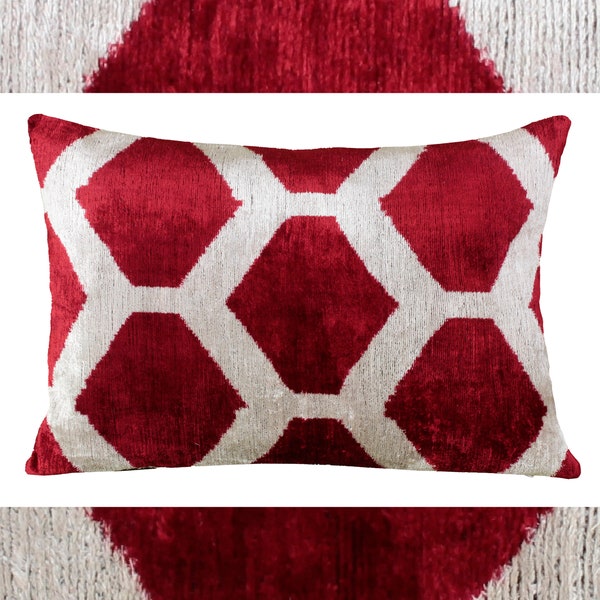 Red velvet pillow,Red ikat pillow cover,Red velvet lumbar pillow,Throw pillow 24x24,Red velvet lumbar pillow,Red velvet throw pillow