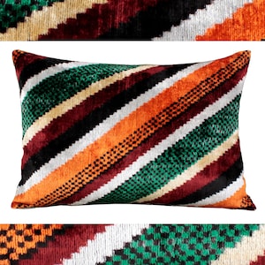 Handwoven Ikat Velvet Pillow Cover: Orange Green Striped Lumbar