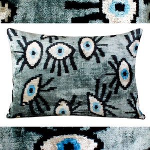 Velvet ikat pillow evil eye,Evil eye throw pillow,Eye pillows,Gray velvet pillow,Trendy throw pillow,silk velvet ikat pillow