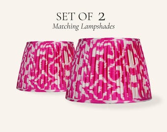 Set of 2 Hot Pink Ikat Pleated Silk Lamp Shades, Handmade Matching Lampshades