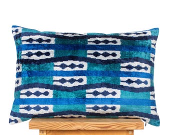 Teal Blue Ikat Pillow Cover | Navy Geometric Velvet Cushion