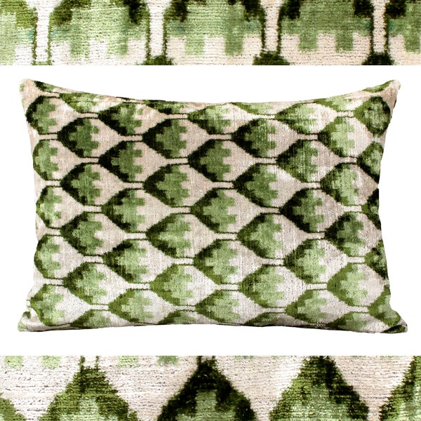 Forest green pillow,Green velvet ikat pillow,Green throw pillow,Green lumbar pillow,Green pillow cover 26x26,Silk velvet ikat pillow
