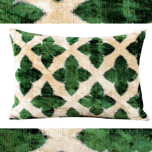 Green and Beige velvet cushion cover,Green velvet ikat pillow, 18x18 ikat pillow cover,Lumbar ikat pillow,Green pattern Throw pillow