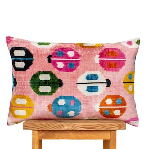Pink Velvet Ikat Pillow: Ladybug Accent Cushion