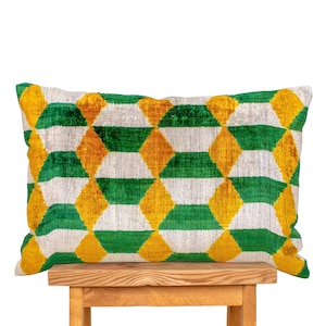 Handwoven Velvet Ikat Lumbar Pillow Cover: Green & Yellow Geometric