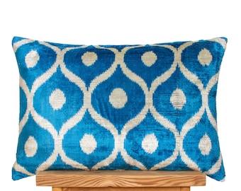 Teal Blue Velvet Ikat Pillow: Handwoven Decorative Cushion