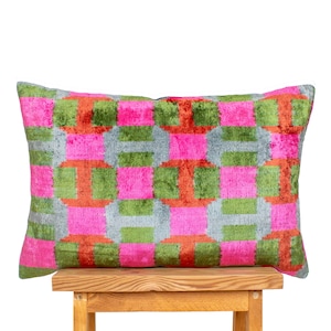 Gray ikat pillow,Pink and orange pillow,Hot pink and orange pillow,Velvet ikat pillow,Lumbar custom pillow,ikat cushion cover